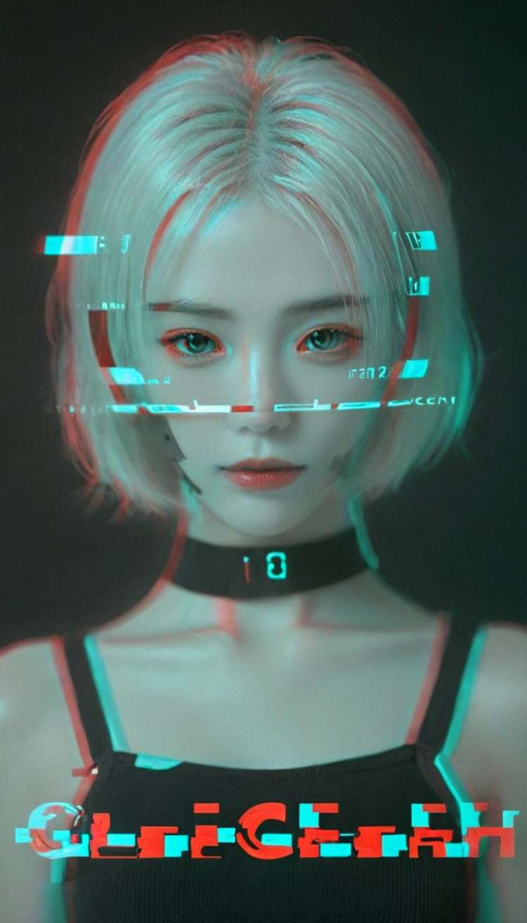 <lora:xl-shanbailing-1213Glitch_effect:0.9>,bailing_glitch_effect,1girl,white hair,red clothes,the letters of the hologram "SHAN" logo appear below the picture,the word (SHAN) is shown on a black background,a woman with a futuristic look in the dark,solo,smile,short hair,blonde hair,simple background,closed mouth,upper body,parted lips,teeth,signature,armor,black eyes,from side,english text,lips,looking to the side,bodysuit,profile,mask,shadow,glowing,looking away,expressionless,looking down,half-closed eyes,black background,backlighting,reflection,science fiction,realistic,nose,mouth mask,chromatic aberration,light,dark,cable,cyborg,hair slicked back,dark background,neon trim,gas mask,mechanical parts,cyberpunk,glowing_eye,special effects,