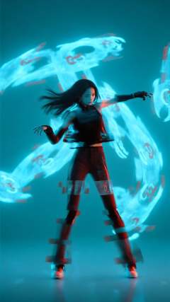 1girl,Surrounded by rotating transparent red scrolls,floating transparent red Chinese characters,dynamic,rotating,1 man standing in the air,not looking at the camera,writing calligraphy,solo,blue eyes,holding,weapon,holding weapon,glow,robot,mecha,open_hand,v-fin,movie lighting,strong contrast,high level of detail,best quality,masterpiece,female venom,perfect body,slender figure, bailing_glitch_effect