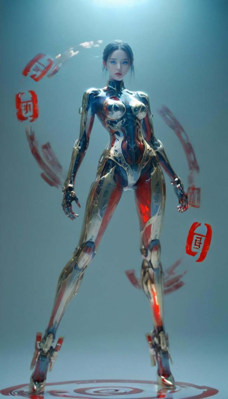 1girl,Surrounded by rotating transparent red scrolls,floating transparent red Chinese characters,dynamic,rotating,1 man standing in the air,not looking at the camera,writing calligraphy,solo,blue eyes,holding,weapon,holding weapon,glow,robot,mecha,open_hand,v-fin,movie lighting,strong contrast,high level of detail,best quality,masterpiece,female venom,perfect body,slender figure,<lora:xl-shanbailing-1213Glitch_effect:0.7>,bailing_glitch_effect,(gold:1.2),