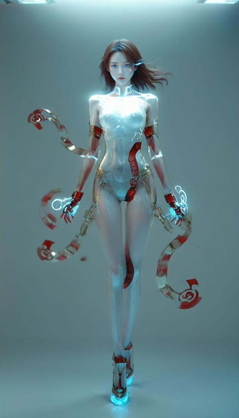 1girl,Surrounded by rotating transparent red scrolls,floating transparent red Chinese characters,dynamic,rotating,1 man standing in the air,not looking at the camera,writing calligraphy,solo,blue eyes,holding,weapon,holding weapon,glow,robot,mecha,open_hand,v-fin,movie lighting,strong contrast,high level of detail,best quality,masterpiece,female venom,perfect body,slender figure,<lora:xl-shanbailing-1213Glitch_effect:0.7>,bailing_glitch_effect,(gold:1.2),low angle shooting,super wide lens,emitting a sense of destruction,ScreamRide,cinematic scene,4k,hdr,Tyndall effect,pretty,expressing a particular emotion,Clothing,Soft light,background with strong contrast,[,full body:,0.195],