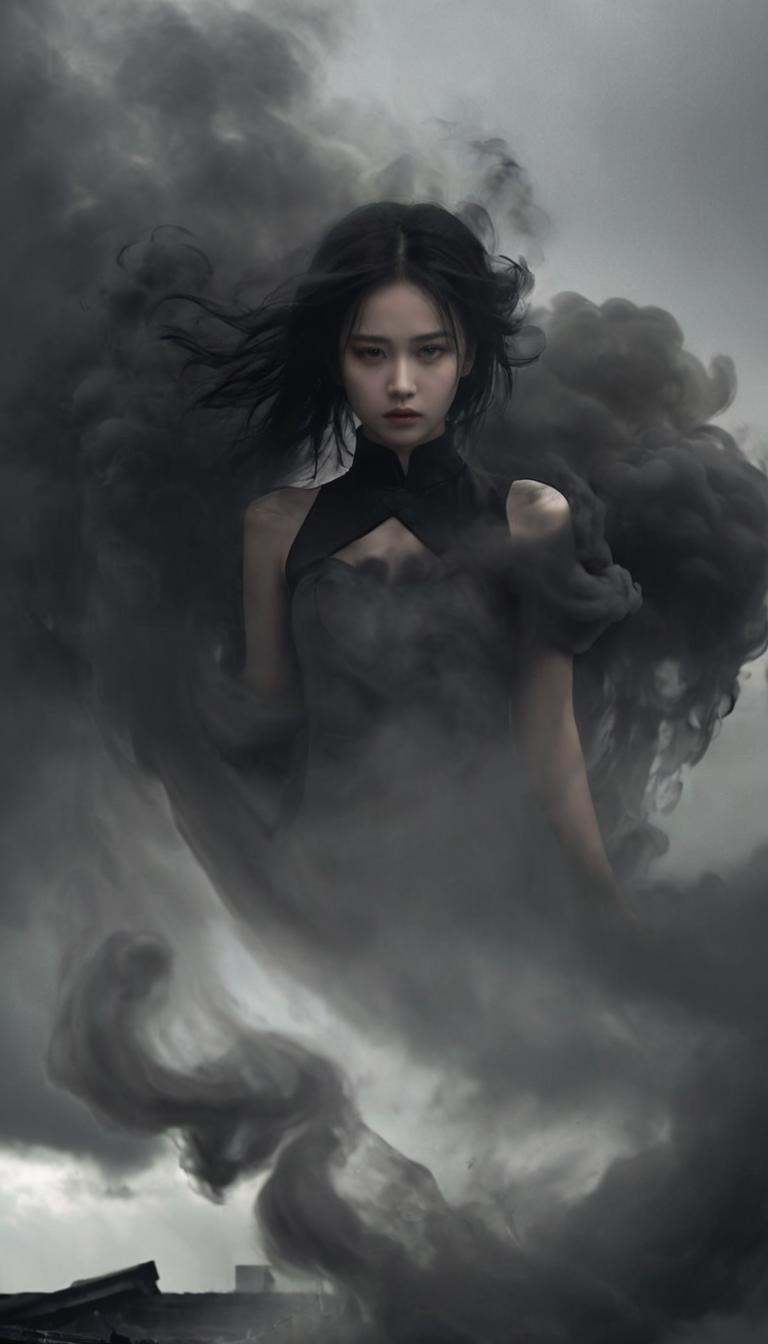 <lora:xl-shanbailing-1126darkness黑暗:0.9>,bailing_darkness,1girl,in the realm of darkness,black smoke,the girl is surrounded by dark black clouds,