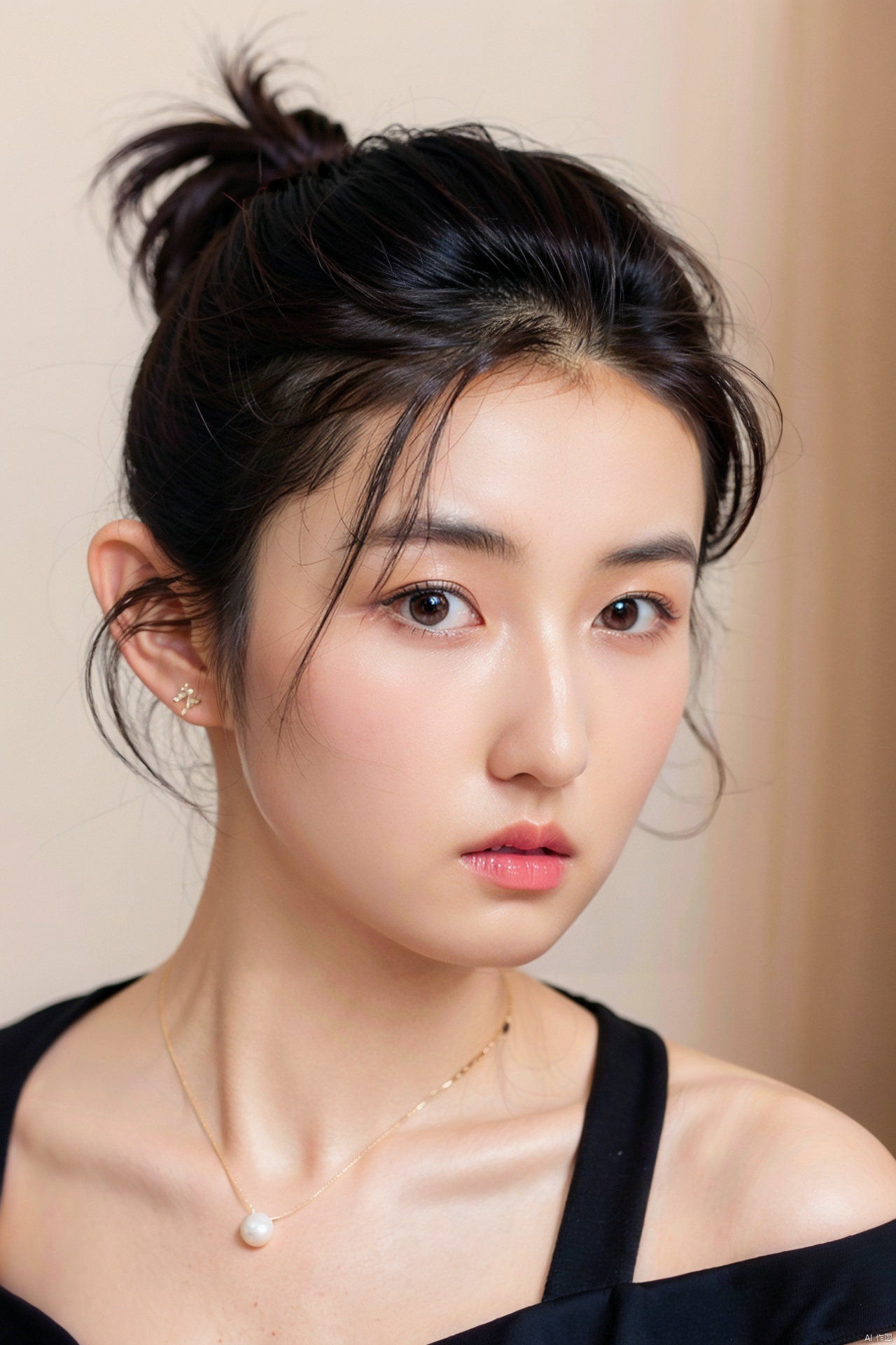  (masterpiece, 4k, best quality, highly detailed, 1girl, solo),1girl, jewelry, breasts, solo, earring, black hair, cleavage,dress, necklace, looking at viewer, dress, short hair,upper body, parted lips, rose, bangs, collarbone, grey background, big breasts, black eyes, pearl necklace, large breasts, see-through, hair between eyes, brown eyes, blush, midjourney, Colorful portraits, zuo, *****
