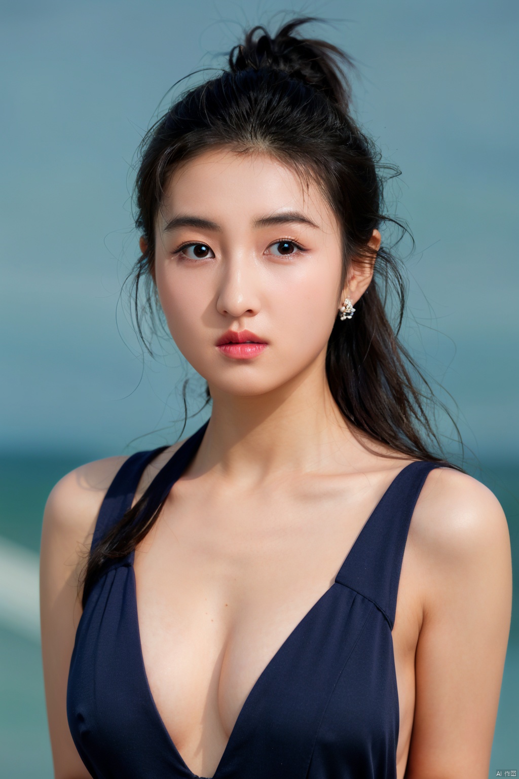  1girl, cleavage,hug breasts,Breast lateral leakage,earrings, solo, Low cut evening gown,jewelry, blue_background, realistic, upper_body, sleeveless, lips, long_hair, brown_eyes, big breasts, evening dress, looking_at_viewer, nose, black_hair,
( chiaroscuro,Fujicolor, UHD, super detail ,raw,85mm,f/1.2,FujifilmXT4,), yiyi