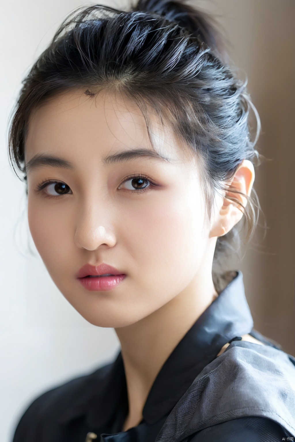 (close up portrait of a woman of east asian descent),happy and smile expression, looking at camera, slight stubble, dark hair with undercut hairstyle, clean skin, brown eyes, wearing dark shirt, soft lighting, gray background, shallow depth of field, high-resolution image, studio shot, headshot, photographic realism., masterpiece, best quality, aunt, 1girl, girl