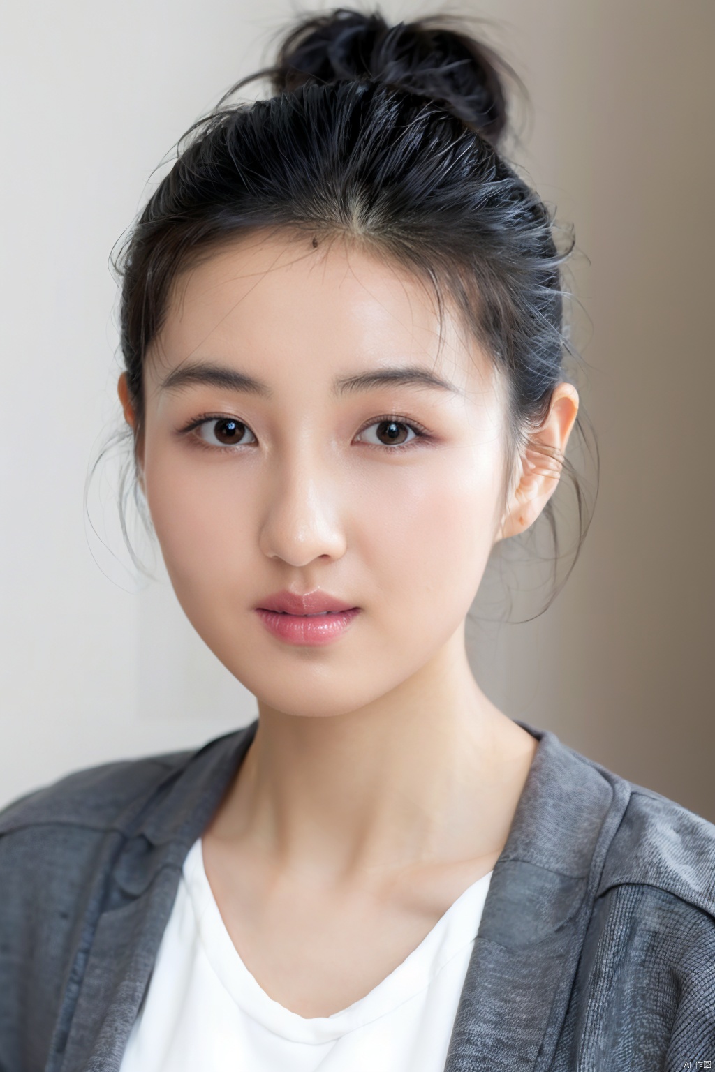  (close up portrait of a woman of east asian descent),happy and smile expression, looking at camera, slight stubble, dark hair with undercut hairstyle, clean skin, brown eyes, wearing dark shirt, soft lighting, gray background, shallow depth of field, high-resolution image, studio shot, headshot, photographic realism., masterpiece, best quality, aunt, 1girl, girl
