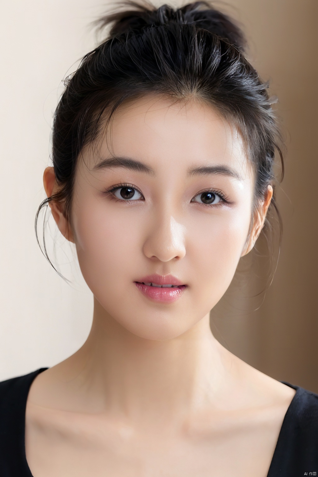  (close up portrait of a woman of east asian descent),happy and smile expression, looking at camera, slight stubble, dark hair with undercut hairstyle, clean skin, brown eyes, wearing dark shirt, soft lighting, gray background, shallow depth of field, high-resolution image, studio shot, headshot, photographic realism., masterpiece, best quality, aunt, 1girl, girl