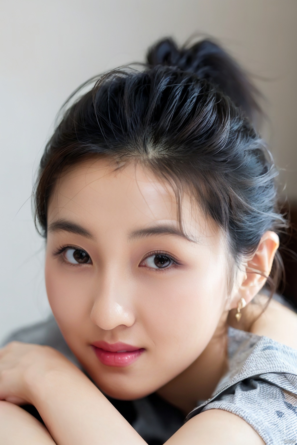  (close up portrait of a woman of east asian descent),happy and smile expression, looking at camera, slight stubble, dark hair with undercut hairstyle, clean skin, brown eyes, wearing dark shirt, soft lighting, gray background, shallow depth of field, high-resolution image, studio shot, headshot, photographic realism., masterpiece, best quality, aunt, 1girl, girl