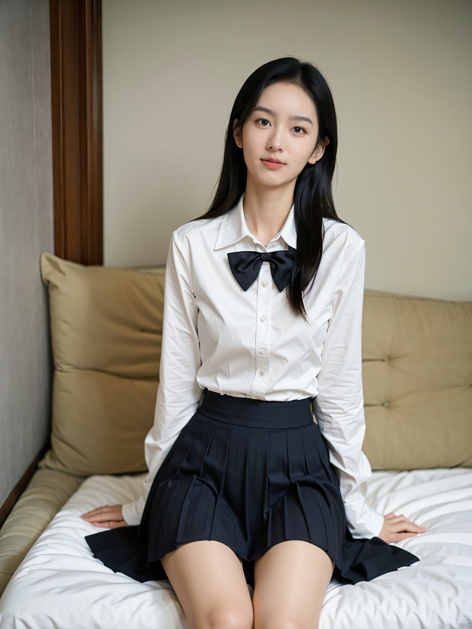  Enhanced, masterpiece, 16K, JK, 1 girl, long hair, school uniform, skirt, sitting on bed,:)