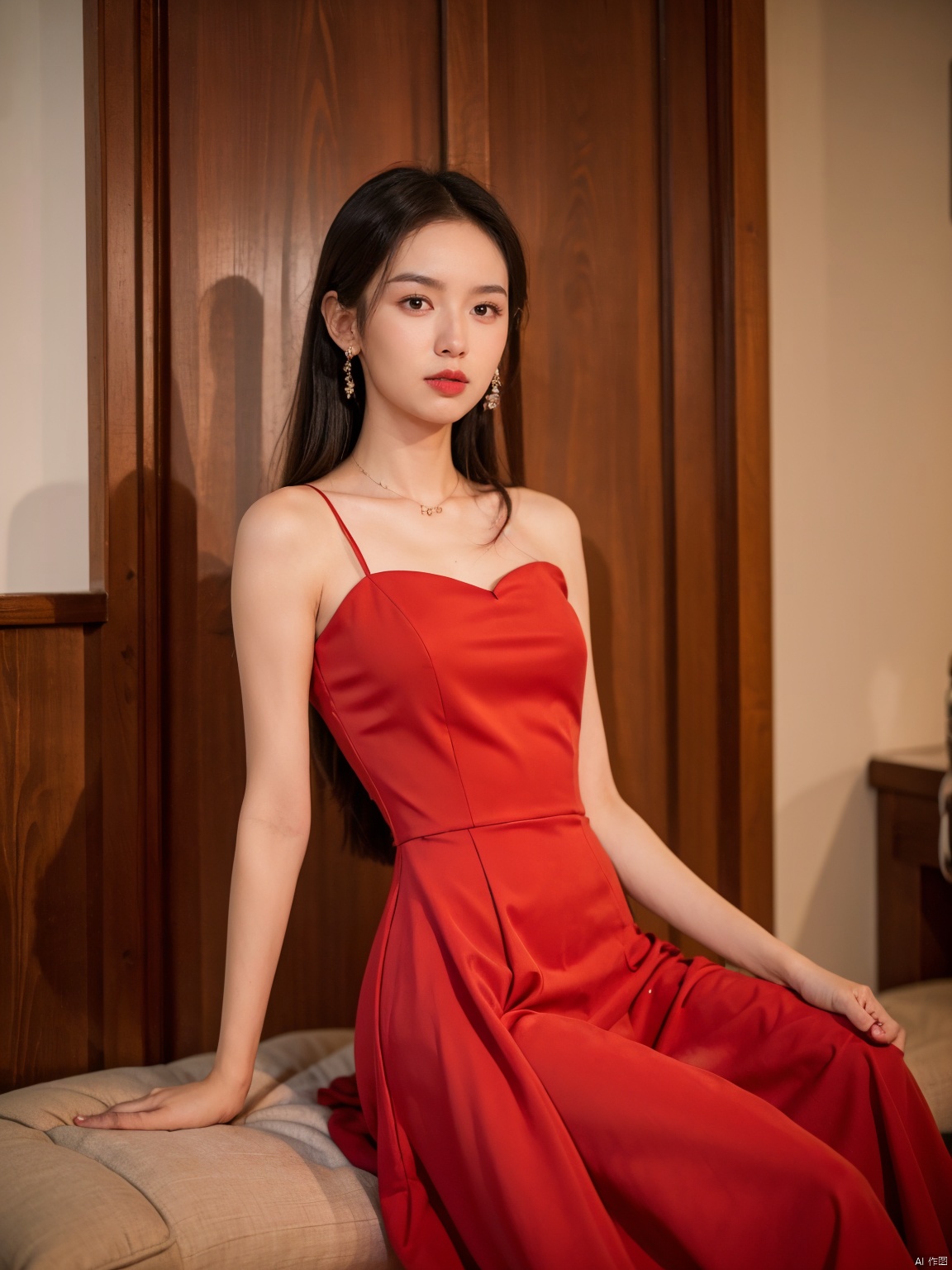  1, 1girl, long hair, brown hair, solo, dress, brown eyes, looking at viewer, holding, red dress, parted lips, bare shoulders, indoors, lips, sleeveless, ((poakl)),nice_body,full_body