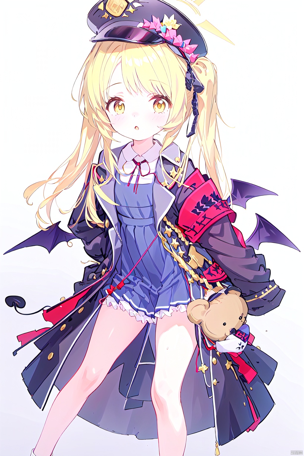  1girl,(masterpiece:1.3),( beautiful:1.2),(high quality:1.2),(finely detailed:1.2),extremely detailed CG unity 8k wallpaper,best quality,a very delicate and beautiful,perfect fingers,(one cute girl at the center:1.2),
blonde hair, long sleeves, dress, ribbon,black jacket,black uniform,military uniform,oversized_clothes, tail, yellow eyes, open clothes, wings, horns, black dress, side ponytail, sleeves past wrists, halo, stuffed toy, demon girl, stuffed animal, demon horns, demon tail, sleeves past fingers, demon wings, teddy bear,ibukiBA,arm_band, peaked cap, military hat,black headwear,military,halo