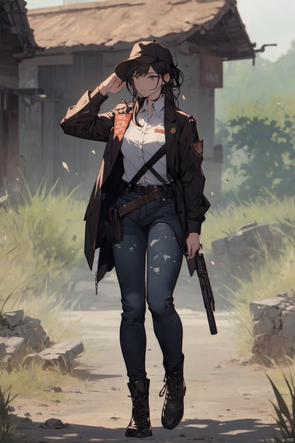 镜头质量：Best quality, 8k,(((masterpiece))),((bestquality)),
镜头位置：(full_body:1.2),
人物：1girl,
环境背景：
图像风格：
提示词： , Gunner, Submachine gun