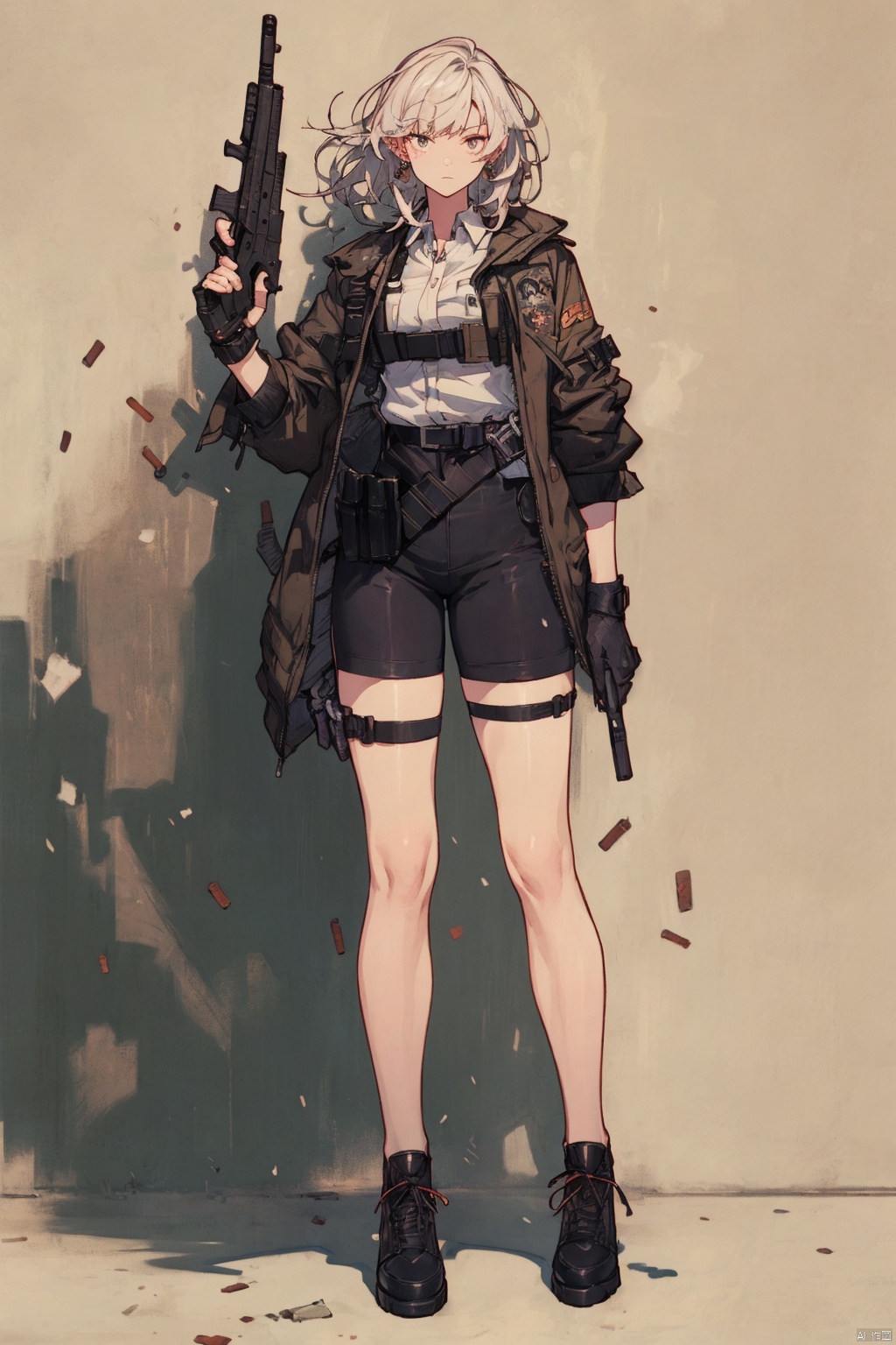 镜头质量：Best quality,8k,(((masterpiece))),((bestquality)),
镜头位置：(full_body:1.2),
人物：1girl,
环境背景：
图像风格：
提示词： , Gunner,((gun_Submachine gun:1.2))