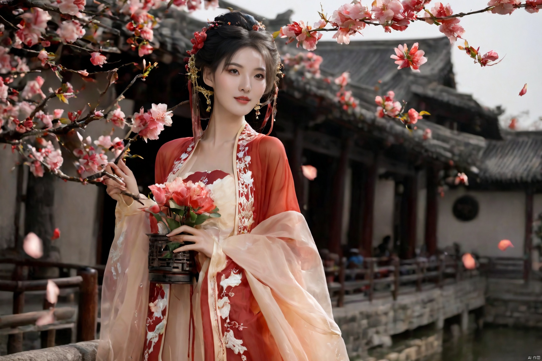 Realistic, photorealistic, masterpiece, best quality, dark shot, (photo of portrait:1.2), (1girl), (straight and round breasts:1.8), solo, smile, looking at viewer, long black hair, Full-body photos, (wearing a red Chinese wedding dress:1.5), (an ancient bride adorned with gold hairpins and silver jewelry), an extremely delicate and beautiful, real person, fair skin, ((Slender and perfect long legs)), ((perfect hands)), (perfect hands:1.5), plentiful breasts, (see through:1.5), (blackpantyhose:1.2), (plump chest), (Suzhou Garden:1.3), (cherry blossom trees:1.1), petals, falling petals, petals, falling petals, Lantern, Realistic Scene, Canon D50 Shooting,  wedding gown