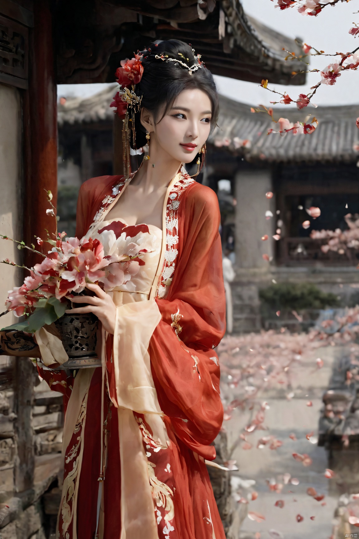  Realistic, photorealistic, masterpiece, best quality, dark shot, (photo of portrait:1.2), (1girl), (straight and round breasts:1.8), solo, smile, looking at viewer, long black hair, Full-body photos, (Wearing a red transparent Chinese wedding dress:1.5), (an ancient bride adorned with gold hairpins and silver jewelry), an extremely delicate and beautiful, real person, fair skin, ((Slender and perfect long legs)), ((perfect hands)), (perfect hands:1.5), plentiful breasts, (see through:1.5), (blackpantyhose:1.2), (plump chest), (Suzhou Garden:1.3), (cherry blossom trees:1.1), petals, falling petals, petals, falling petals, Lantern, Realistic Scene, Canon D50 Shooting, wedding gown
