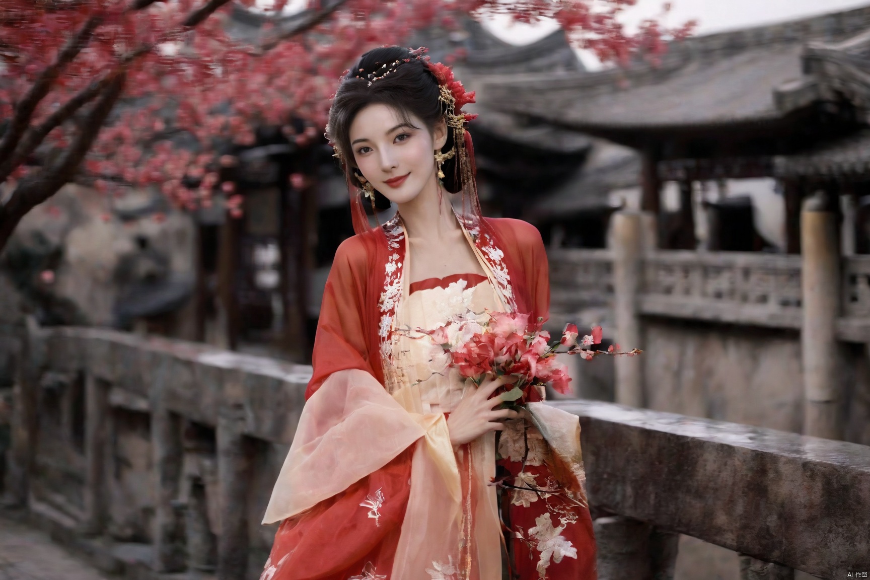 Realistic, photorealistic, masterpiece, best quality, dark shot, (photo of portrait:1.2), (1girl), (straight and round breasts:1.2), solo, smile, looking at viewer, long black hair, Full-body photos, (wearing a red Chinese wedding dress:1.5), (an ancient bride adorned with gold hairpins and silver jewelry), an extremely delicate and beautiful, real person, fair skin, ((Slender and perfect long legs)), (Perfect hands：1.4), plentiful, breasts, (see through:1.5), (blackpantyhose:1.2), ((poakl)), (Suzhou Garden:1.3), (cherry blossom trees:1.1), petals, falling petals, petals, falling petals, Lantern, Realistic Scene, Canon D50 Shooting