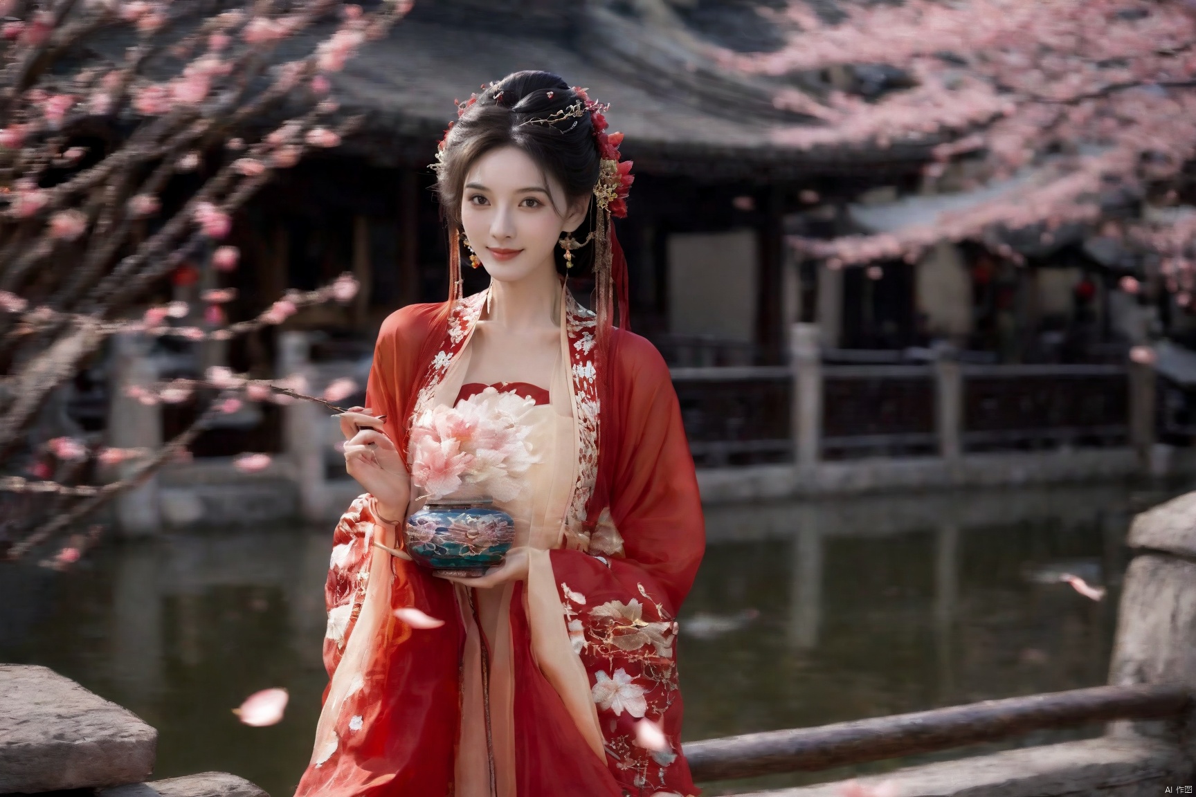 Realistic, photorealistic, masterpiece, best quality, dark shot, (photo of portrait:1.2), (1girl), (straight and round breasts:1.2), solo, smile, looking at viewer, long black hair, Full-body photos, (wearing a red Chinese wedding dress:1.5), (an ancient bride adorned with gold hairpins and silver jewelry), an extremely delicate and beautiful, real person, fair skin, ((Slender and perfect long legs)), (Perfect hands：1.4), plentiful, breasts, (see through:1.5), (blackpantyhose:1.2), ((poakl)), (Suzhou Garden:1.3), (cherry blossom trees:1.1), petals, falling petals, petals, falling petals, Lantern, Realistic Scene, Canon D50 Shooting