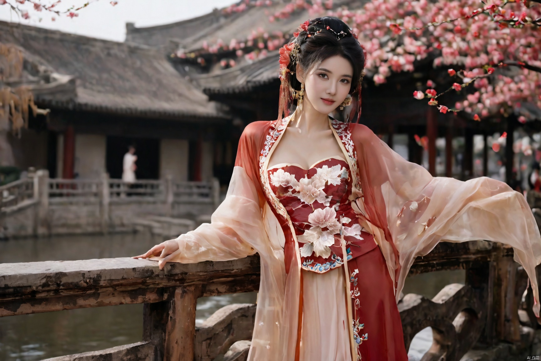 Realistic, photorealistic, masterpiece, best quality, dark shot, (photo of portrait:1.2), (1girl), (straight and round breasts:1.8), solo, smile, looking at viewer, long black hair, Full-body photos, (Wearing a red transparent Chinese wedding dress:1.5), (an ancient bride adorned with gold hairpins and silver jewelry), an extremely delicate and beautiful, real person, fair skin, ((Slender and perfect long legs)), ((perfect hands)), (perfect hands:1.5), plentiful breasts, (see through:1.5), (blackpantyhose:1.2), (plump chest), (Suzhou Garden:1.3), (cherry blossom trees:1.1), petals, falling petals, petals, falling petals, Lantern, Realistic Scene, Canon D50 Shooting,  wedding gown