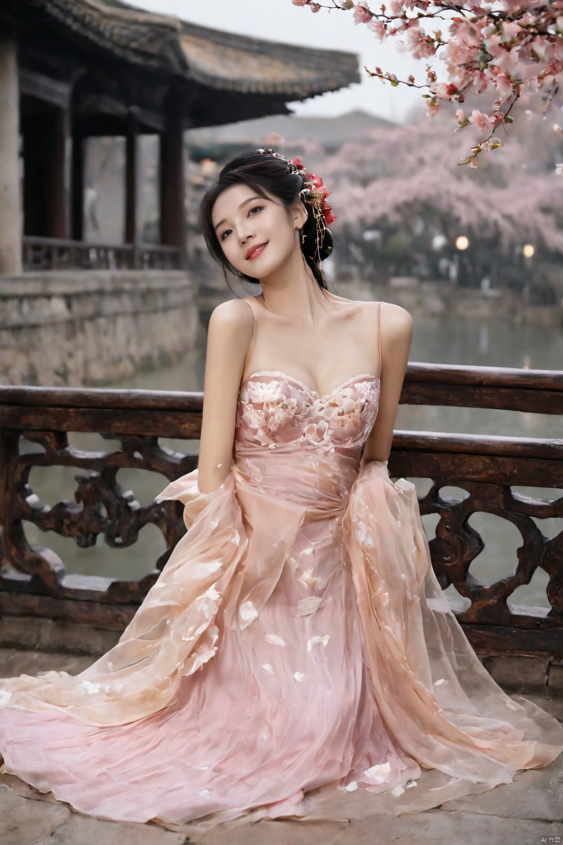 Realistic, photorealistic, masterpiece, best quality, dark shot, (photo of portrait:1.2), (1girl), (straight and round breasts:1.8), solo, smile, looking at viewer, long black hair, Full-body photos, (Wearing a pink Chinese wedding dress on the outside and a white lace semi transparent bra on the inside:1.8), (an ancient bride adorned with gold hairpins and silver jewelry), an extremely delicate and beautiful, real person, fair skin, ((Slender and perfect long legs)), ((perfect hands)), (perfect hands:1.5), plentiful breasts, (see through:1.5), (blackpantyhose:1.2), (plump chest), (Suzhou Garden:1.3), (cherry blossom trees:1.1), petals, falling petals, petals, falling petals, Lantern, Realistic Scene, Canon D50 Shooting,  wedding gown