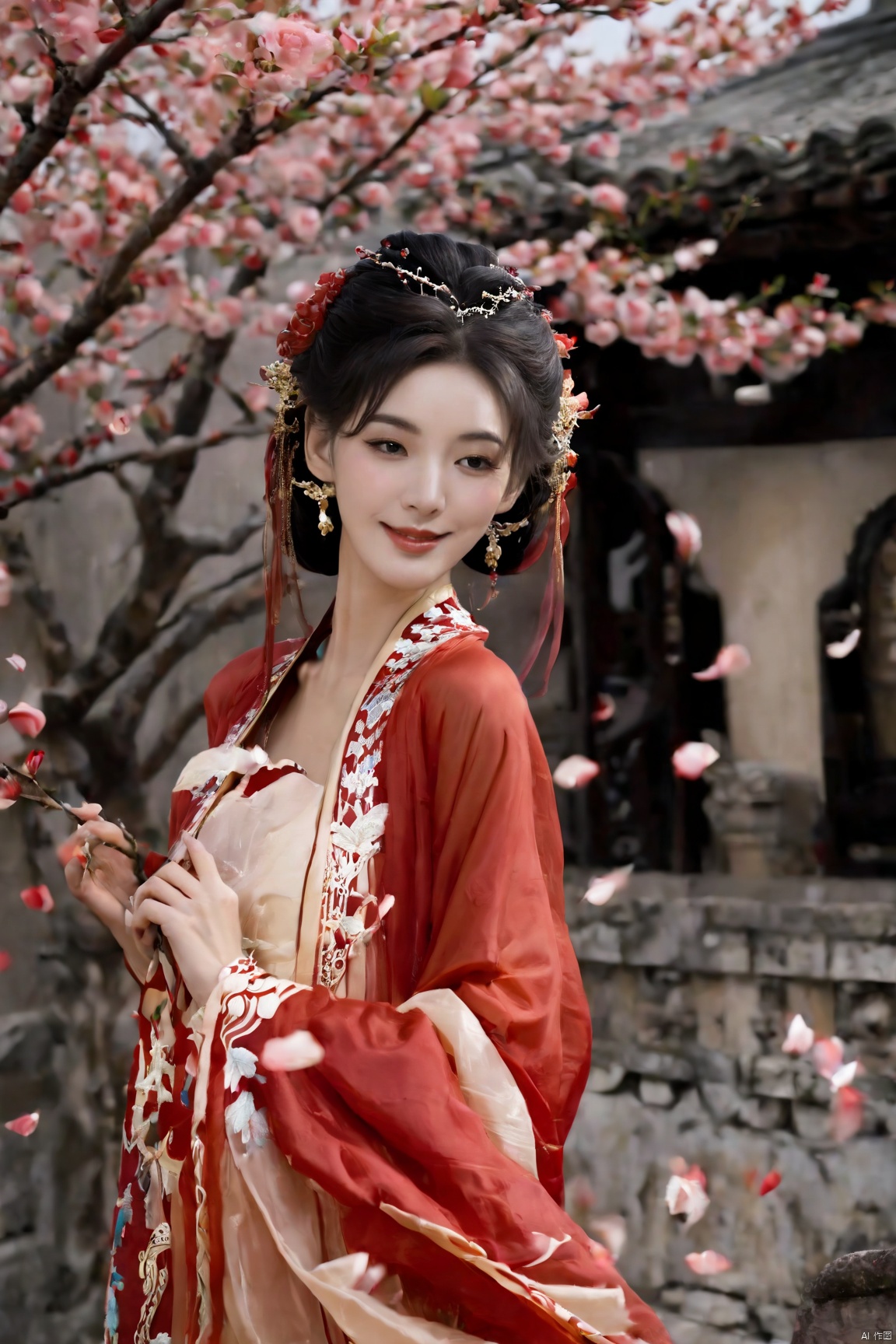 Realistic, photorealistic, masterpiece, best quality, dark shot, (photo of portrait:1.2), (1girl), (straight and round breasts:1.8), solo, smile, looking at viewer, long black hair, Full-body photos, (wearing a red Chinese wedding dress:1.5), (an ancient bride adorned with gold hairpins and silver jewelry), an extremely delicate and beautiful, real person, fair skin, ((Slender and perfect long legs)), ((perfect hands)), (perfect hands:1.5), plentiful breasts, (see through:1.5), (blackpantyhose:1.2), (plump chest), (Suzhou Garden:1.3), (cherry blossom trees:1.1), petals, falling petals, petals, falling petals, Lantern, Realistic Scene, Canon D50 Shooting,  wedding gown