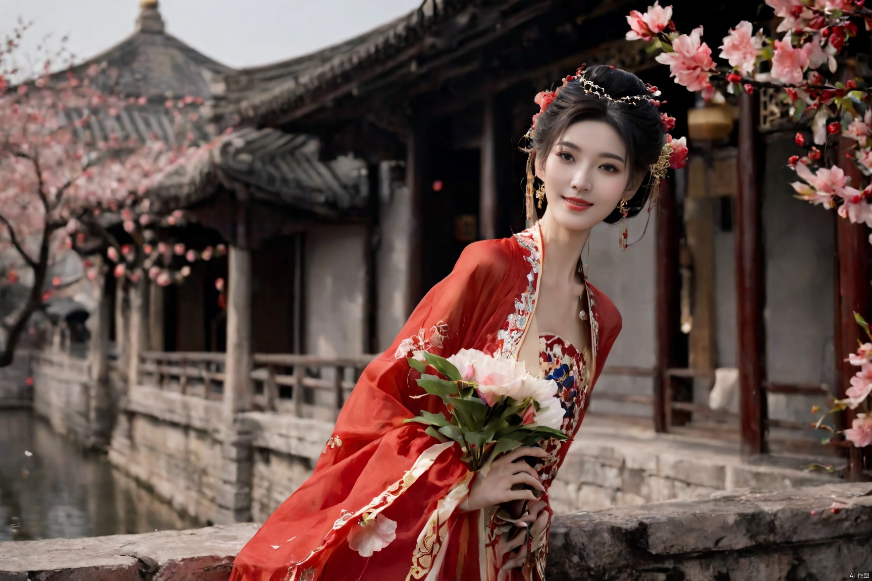 Realistic, photorealistic, masterpiece, best quality, dark shot, (photo of portrait:1.2), (1girl), (straight and round breasts:1.2), solo, smile, looking at viewer, long black hair, Full-body photos, (wearing a red Chinese wedding dress:1.5), (an ancient bride adorned with gold hairpins and silver jewelry), an extremely delicate and beautiful, real person, fair skin, ((Slender and perfect long legs)), ((perfect hands)), plentiful, breasts, (see through:1.5), (blackpantyhose:1.2), ((poakl)), (Suzhou Garden:1.3), (cherry blossom trees:1.1), petals, falling petals, petals, falling petals, Lantern, Realistic Scene, Canon D50 Shooting,  wedding gown