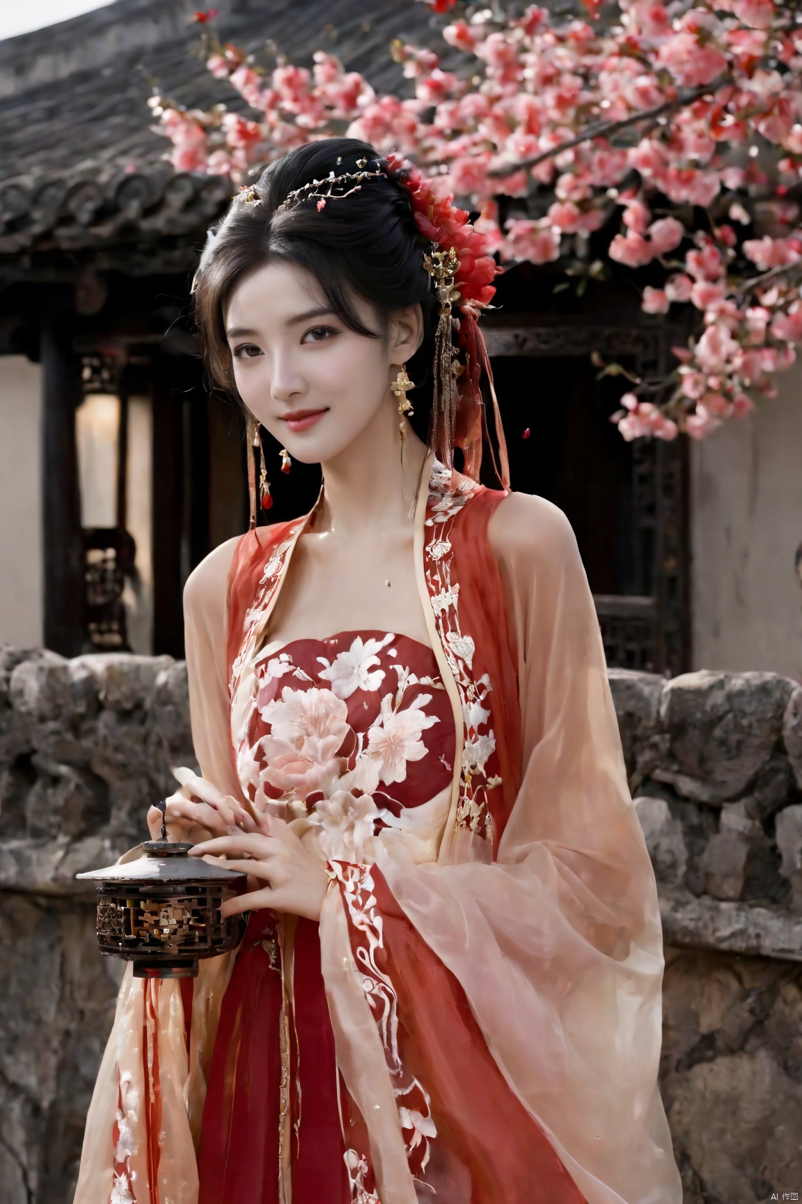 Realistic, photorealistic, masterpiece, best quality, dark shot, (photo of portrait:1.2), (1girl), (straight and round breasts:1.2), solo, smile, looking at viewer, long black hair, Full-body photos, (wearing a red Chinese wedding dress:1.5), (an ancient bride adorned with gold hairpins and silver jewelry), an extremely delicate and beautiful, real person, fair skin, ((Slender and perfect long legs)), ((perfect hands)), plentiful, breasts, (see through:1.5), (blackpantyhose:1.2), (plump chest), (Suzhou Garden:1.3), (cherry blossom trees:1.1), petals, falling petals, petals, falling petals, Lantern, Realistic Scene, Canon D50 Shooting,  wedding gown