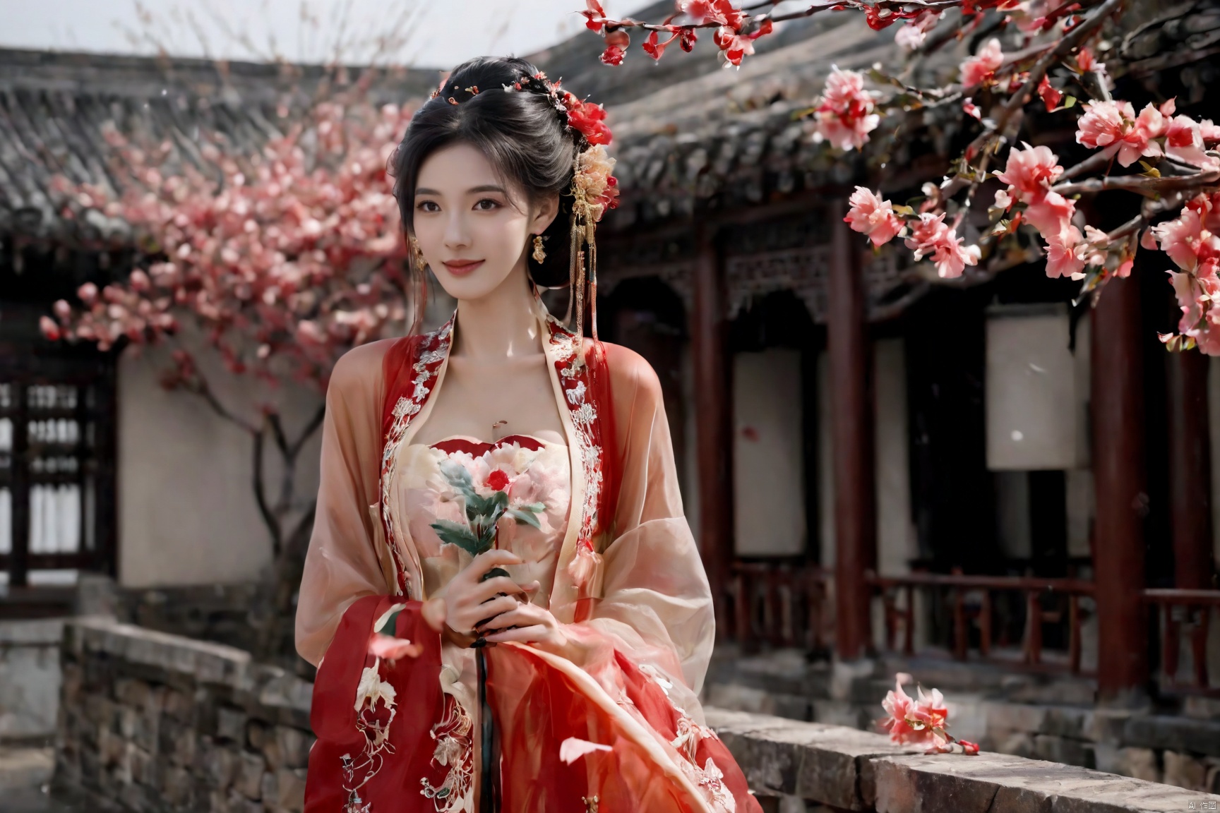 Realistic, photorealistic, masterpiece, best quality, dark shot, (photo of portrait:1.2), (1girl), (straight and round breasts:1.8), solo, smile, looking at viewer, long black hair, Full-body photos, (wearing a red Chinese wedding dress:1.5), (an ancient bride adorned with gold hairpins and silver jewelry), an extremely delicate and beautiful, real person, fair skin, ((Slender and perfect long legs)), ((perfect hands)), plentiful, breasts, (see through:1.5), (blackpantyhose:1.2), (plump chest), (Suzhou Garden:1.3), (cherry blossom trees:1.1), petals, falling petals, petals, falling petals, Lantern, Realistic Scene, Canon D50 Shooting,  wedding gown