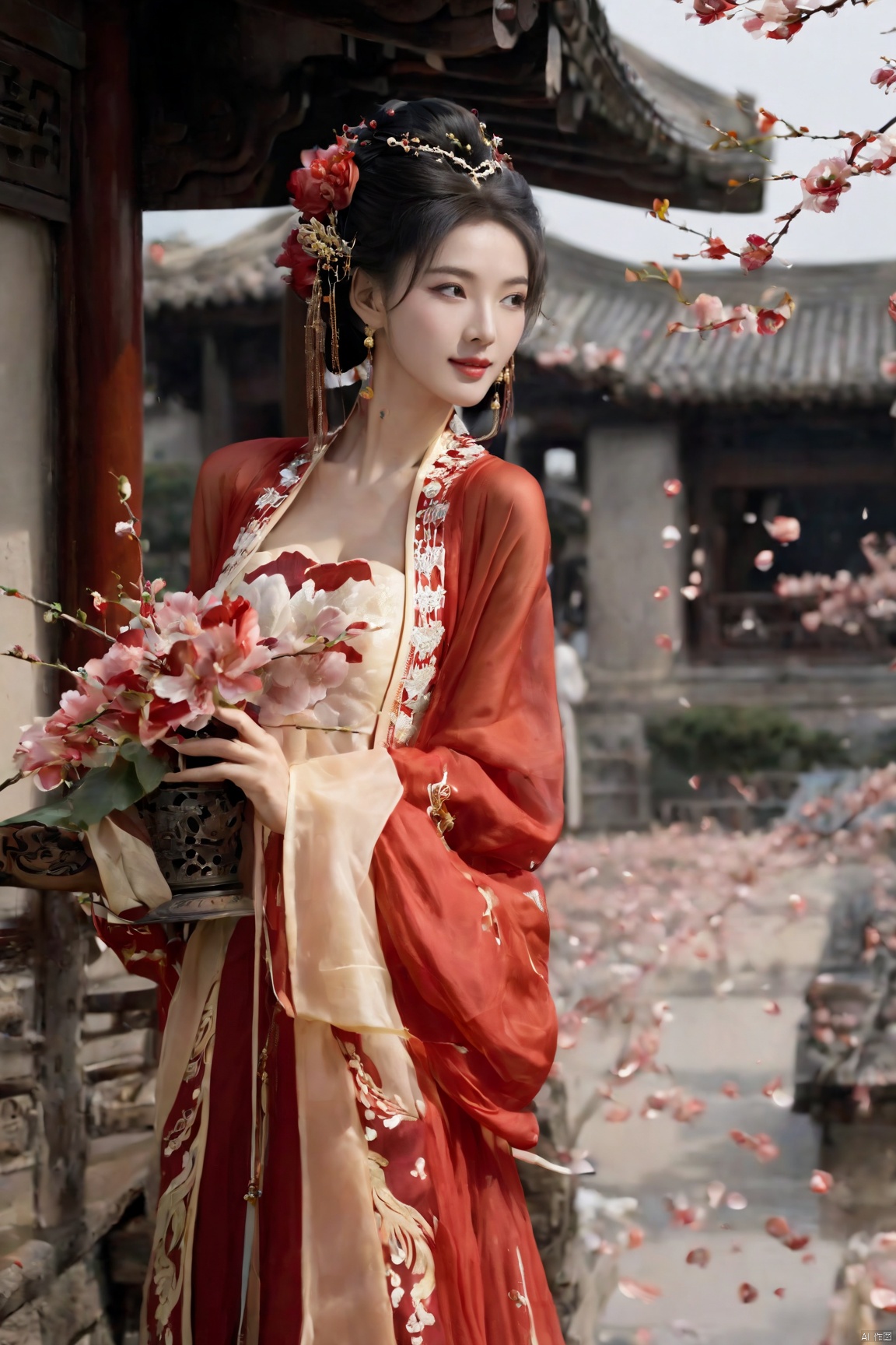 Realistic, photorealistic, masterpiece, best quality, dark shot, (photo of portrait:1.2), (1girl), (straight and round breasts:1.8), solo, smile, looking at viewer, long black hair, Full-body photos, (Wearing a red transparent Chinese wedding dress:1.5), (an ancient bride adorned with gold hairpins and silver jewelry), an extremely delicate and beautiful, real person, fair skin, ((Slender and perfect long legs)), ((perfect hands)), (perfect hands:1.5), plentiful breasts, (see through:1.5), (blackpantyhose:1.2), (plump chest), (Suzhou Garden:1.3), (cherry blossom trees:1.1), petals, falling petals, petals, falling petals, Lantern, Realistic Scene, Canon D50 Shooting,  wedding gown
