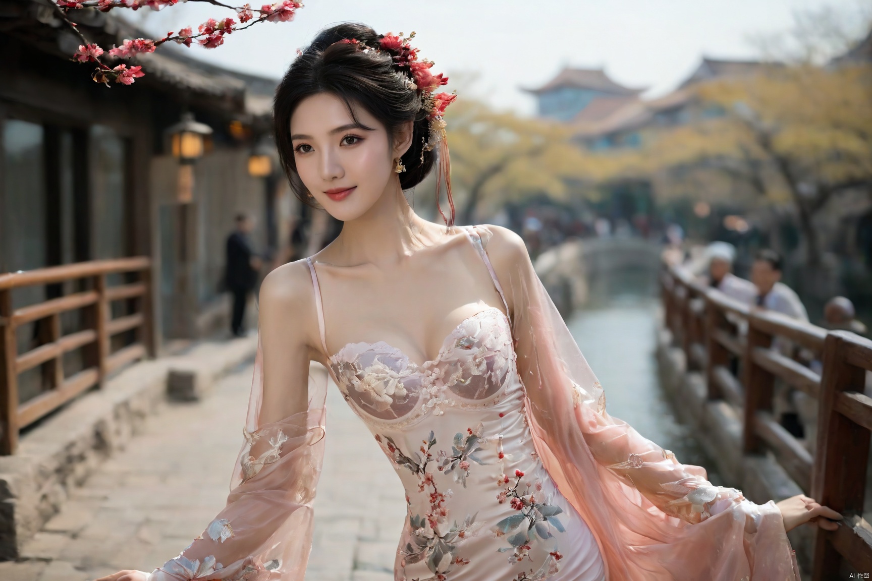 Realistic, photorealistic, masterpiece, best quality, dark shot, (photo of portrait:1.2), (1girl), (straight and round breasts:1.8), solo, smile, looking at viewer, long black hair, Full-body photos, (Wearing a pink Chinese wedding dress on the outside and a white lace semi transparent bra on the inside:1.8), (an ancient bride adorned with gold hairpins and silver jewelry), an extremely delicate and beautiful, real person, fair skin, ((Slender and perfect long legs)), ((perfect hands)), (perfect hands:1.5), plentiful breasts, (see through:1.5), (blackpantyhose:1.2), (plump chest), (Suzhou Garden:1.3), (cherry blossom trees:1.1), petals, falling petals, petals, falling petals, Lantern, Realistic Scene, Canon D50 Shooting,  wedding gown, qipao