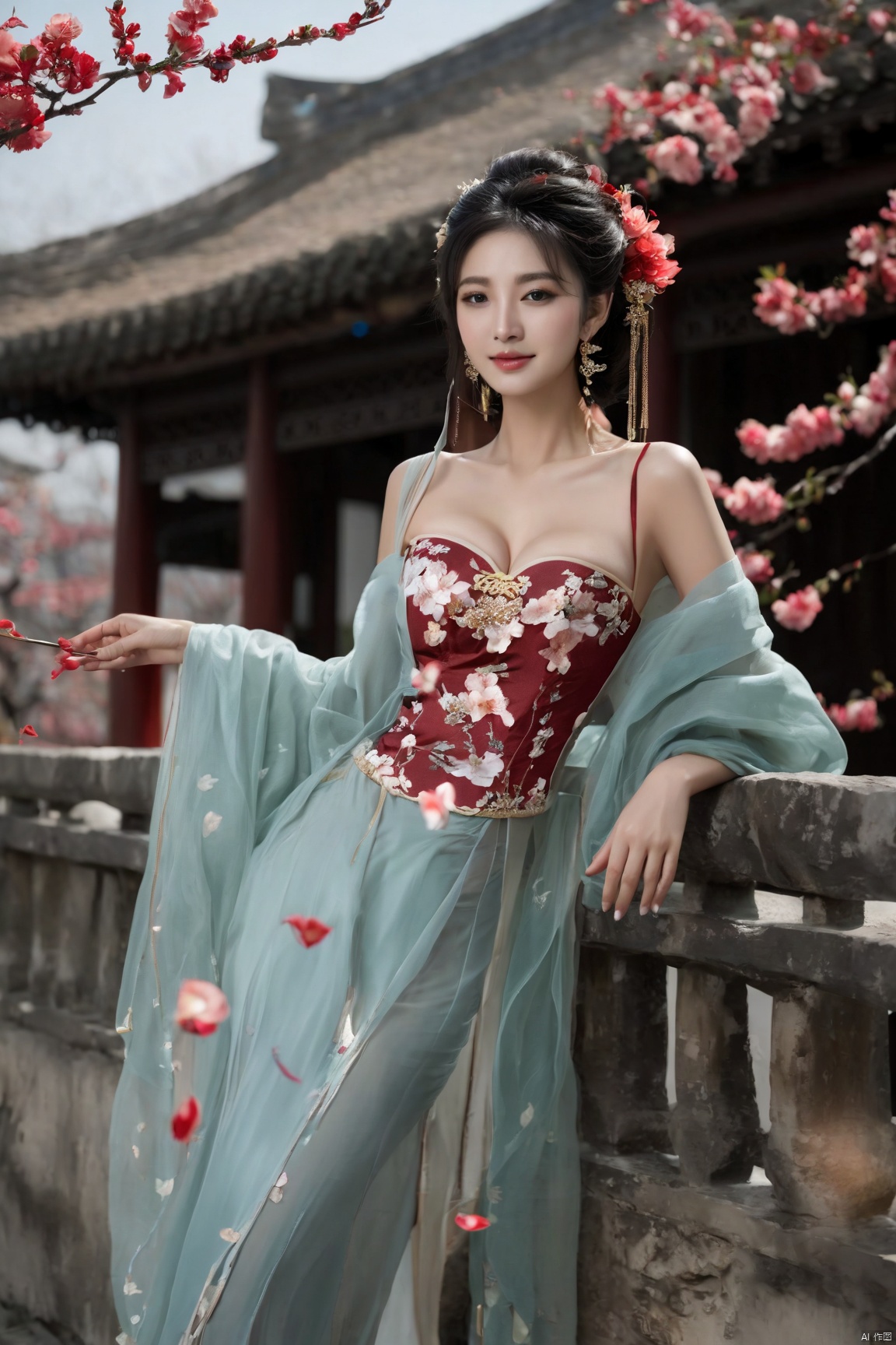  Realistic, photorealistic, masterpiece, best quality, dark shot, (photo of portrait:1.2), (1girl), (straight and round breasts:1.8), solo, smile, looking at viewer, long black hair, Full-body photos, (wearing a red Chinese wedding dress:1.5), (an ancient bride adorned with gold hairpins and silver jewelry), an extremely delicate and beautiful, real person, fair skin, ((Slender and perfect long legs)), ((perfect hands)), plentiful, breasts, (see through:1.5), (blackpantyhose:1.2), (plump chest), (Suzhou Garden:1.3), (cherry blossom trees:1.1), petals, falling petals, petals, falling petals, Lantern, Realistic Scene, Canon D50 Shooting, wedding gown