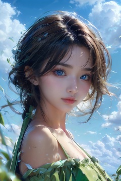 1girl, solo, sky, cloud, long hair, outdoors, day, looking at viewer, grass, blue sky, green eyes, realistic, bare shoulders, brown hair, upper body, dress, plant, green dress, cloudy sky, wind, nose, depth of field, black hair, leaf, freckles, closed mouth, from front