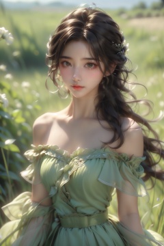  1girl, solo, dress, looking at viewer, long hair, blurry, brown hair, outdoors, blurry background, bare shoulders, upper body, realistic, grass, green dress, parted lips, day, lips, black hair, brown eyes, off shoulder