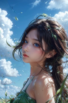  1girl, solo, sky, cloud, long hair, outdoors, day, looking at viewer, grass, blue sky, green eyes, realistic, lips, bare shoulders, blurry, brown hair, upper body, dress, plant, green dress, cloudy sky, wind, nose, depth of field, blurry foreground, black hair, leaf, watermark, freckles, closed mouth, artist name, from side