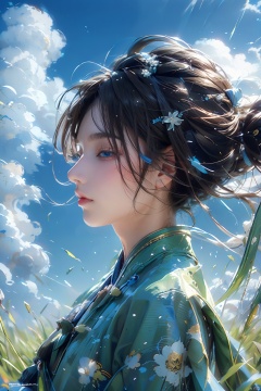  1girl, solo, sky, outdoors, cloud, day, closed eyes, wind, grass, blue sky, lips, closed mouth, nose, black hair, upper body, from side, profile, eyelashes, floating hair, realistic, cloudy sky, brown hair, japanese clothes, long hair, messy hair, kimono,