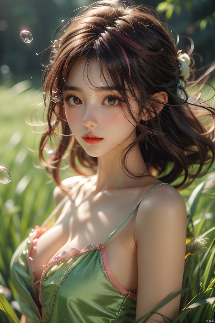 (grass:1.5),1girl, solo, breasts, looking at viewer, short hair, bangs, medium breasts, closed mouth, upper body, pink hair, multicolored hair, blunt bangs, orange hair, lips, grey eyes, makeup, realistic, (\meng ze\), Light master,bubble<lora:EMS-267525-EMS:0.200000>, <lora:EMS-260325-EMS:0.100000>, <lora:EMS-321085-EMS:0.600000>