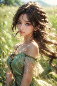  1girl, solo, dress, looking at viewer, long hair, blurry, brown hair, outdoors, blurry background, bare shoulders, upper body, realistic, grass, green dress, parted lips, day, lips, black hair, brown eyes, off shoulder