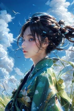  1girl, solo, sky, outdoors, cloud, day, closed eyes, wind, grass, blue sky, lips, closed mouth, nose, black hair, upper body, from side, profile, eyelashes, floating hair, realistic, cloudy sky, brown hair, japanese clothes, long hair, messy hair, kimono, watermark