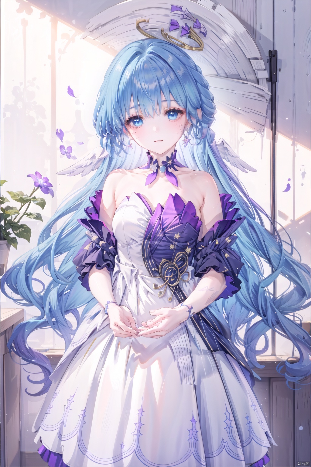  1girl,(masterpiece:1.3),( beautiful:1.2),(high quality:1.2),(finely detailed:1.2),extremely detailed CG unity 8k wallpaper,best quality,a very delicate and beautiful,perfect fingers,(one cute girl at the center:1.2),
robinSR,bangs,blue eyes,dress,blue dress,purple dress,bow,hair between eyes,bare shoulders,jewelry,medium breasts,blue hair,earrings,wings,strapless,halo,hair intakes,head wings,strapless dress, robinSR