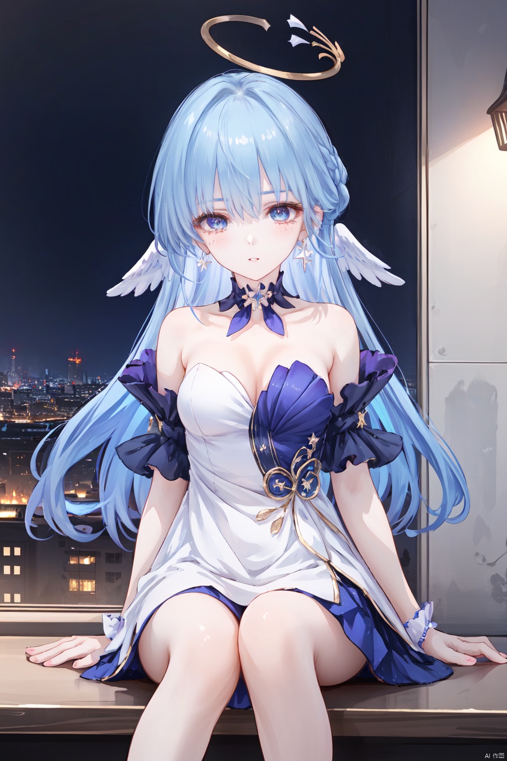  1girl,solo,(masterpiece:1.3),( beautiful:1.2),(high quality:1.2),(finely detailed:1.2),extremely detailed CG unity 8k wallpaper,best quality,a very delicate and beautiful,perfect fingers,(one cute girl at the center:1.2),
robinSR, bangs, blue eyes, dress,bow, hair between eyes, bare shoulders, jewelry, medium breasts, blue hair, earrings, wings, strapless, halo, hair intakes, head wings, strapless dress,
looking_at_viewer, blush, parted_lips, shy, sitting,  
 robinSR