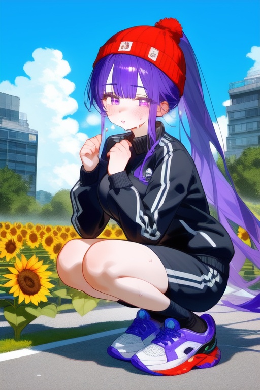 <lora:nai3-style:1>,sunflower, raiden shogun, purple hair, multiple girls, long hair, purple eyes, jacket, outdoors, hat, breasts, squatting, flower, very long hair, pants, large breasts, bangs, track jacket, ponytail, 2girls, shorts, blush, clenched hands, shoes, alternate costume, !, contemporary, building, long sleeves, sky, day, sneakers, mole, yellow flower, !!, looking at viewer, blunt bangs, track suit, gym uniform, cloud, 1boy, sweat, blue sky, mole under eye, black headwear, parted lips, beanie, blue shorts, black pants, black jacket