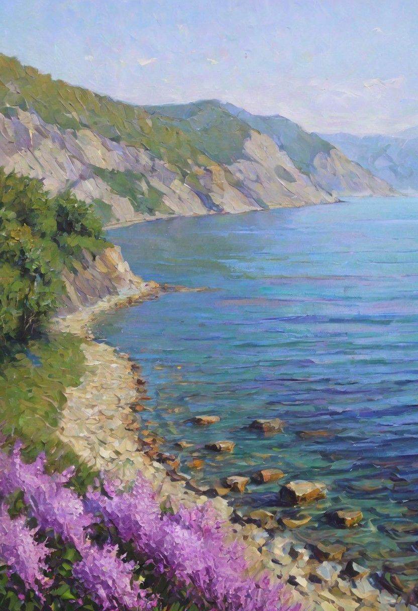 landscape,  sea,  rocky shores overgrown with lilac bushes by PirsusPro on Tensor.Art