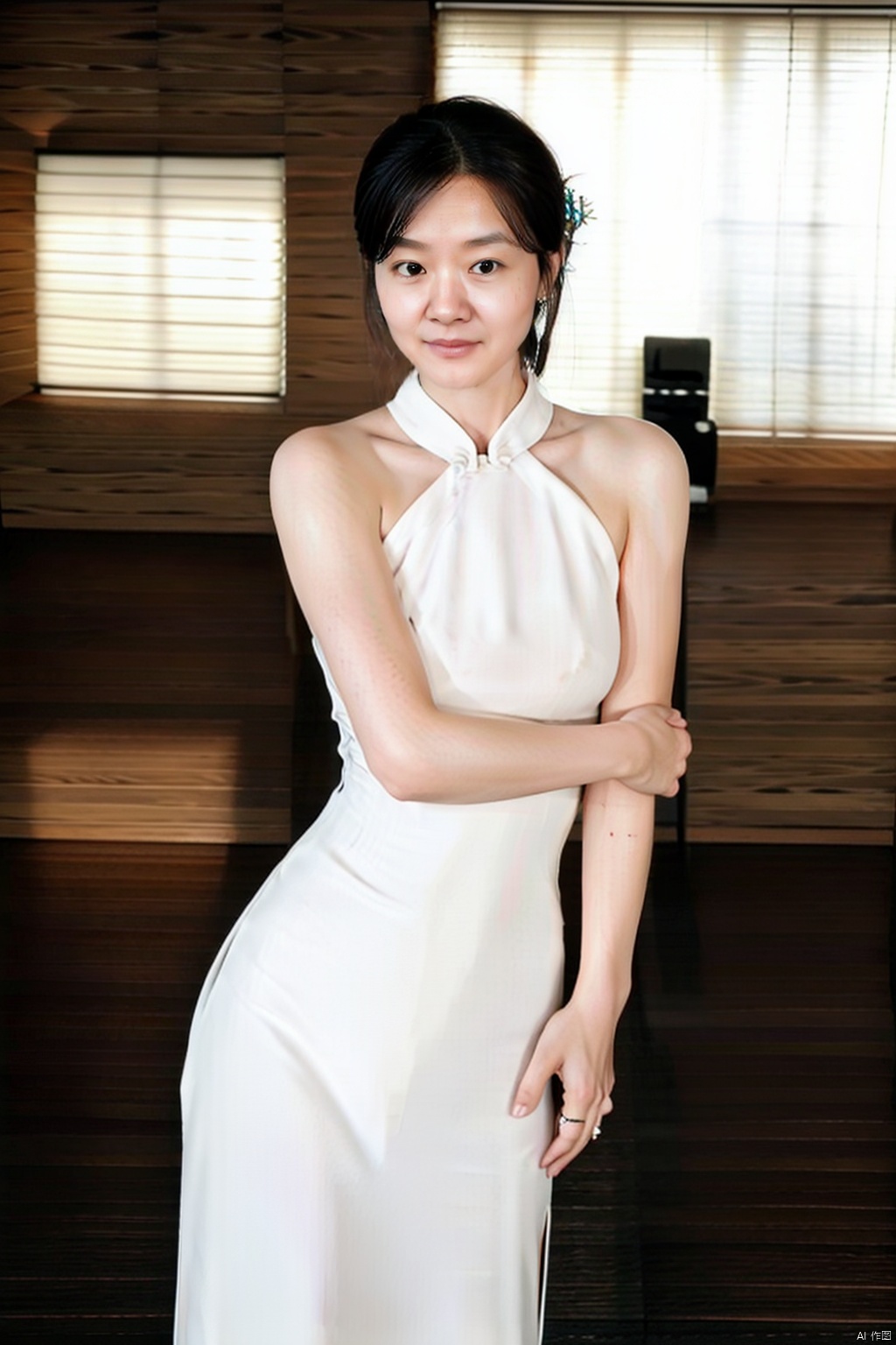 (global illumination, reality,ray tracing, HDR, unreal rendering, reasonable design, high detail, masterpiece,best quality, ultra high definition, movie lighting),
1girl,outdoor,looking_at_viewer,side_blunt_bangs,china_dress,chinese_style,big breasts,pose,solo,1girl,black hair,black eyes, no makeup, qipao