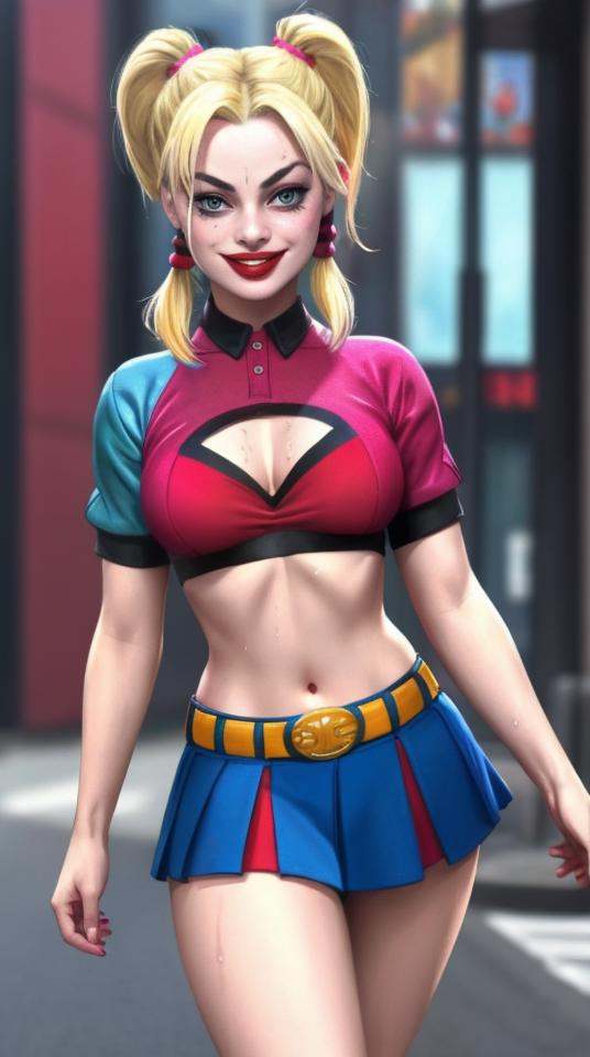 Photo of a (Margo Robbie as Harley Quinn) in the middle of the street,  blonde with pink pigtails,  young on Tensor.Art