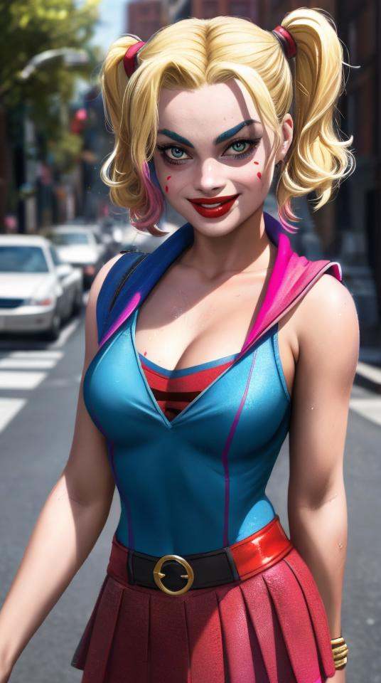 Photo of a (Margo Robbie as Harley Quinn) in the middle of the street,  blonde with pink pigtails,  young on Tensor.Art
