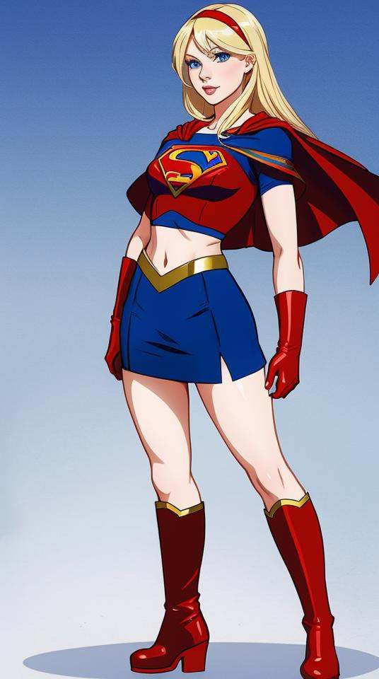 sexy Supergirl long blonde hair and blue eyes,  black hairband,  white croptop on Tensor.Art
