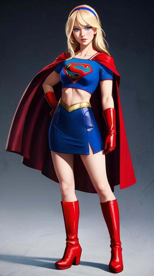 sexy Supergirl long blonde hair and blue eyes,  black hairband,  white croptop on Tensor.Art