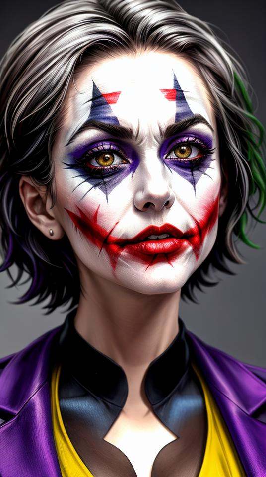 Closeup photo portrait of female Joker,  atmospheric scene,  masterpiece on Tensor.Art