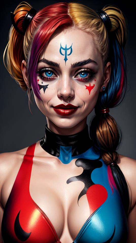 Closeup photo portrait of female Harley Quinn,  atmospheric scene,  masterpiece on Tensor.Art