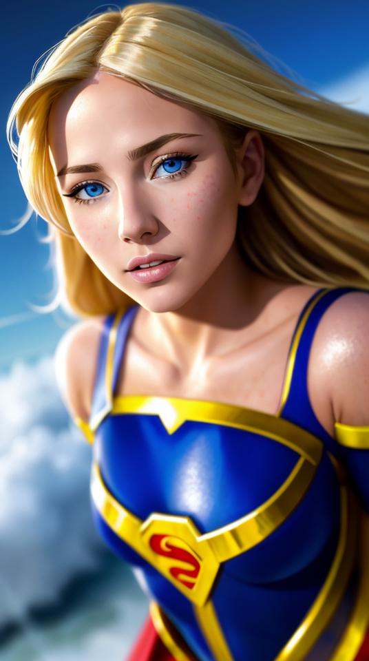Closeup fullbody portrait of teeny Supergirl,  blonde long hair flying in the skyes,  intricate background on Tensor.Art