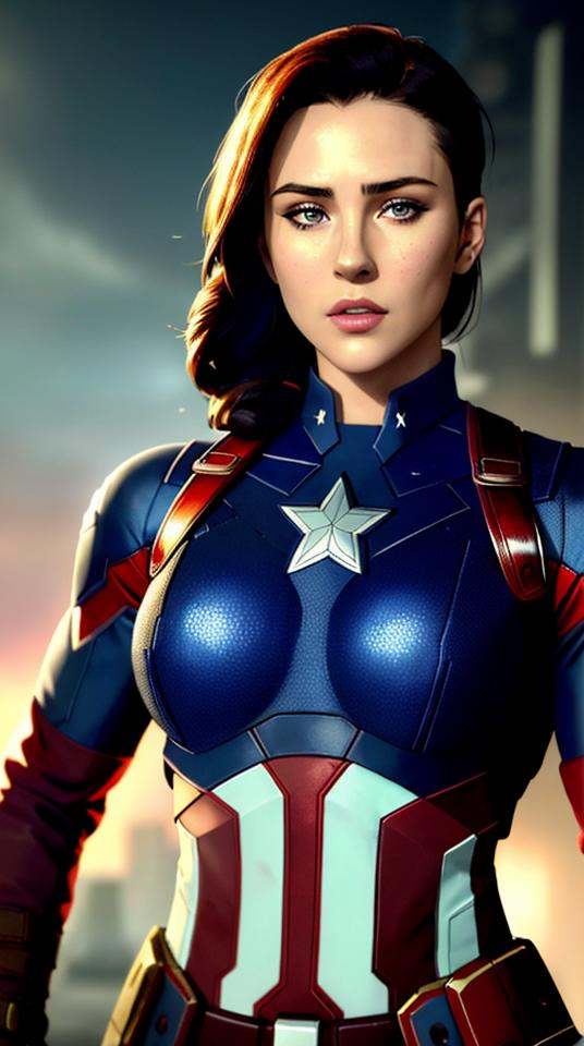 Closeup fullbody portrait of female Captain America,  Ciberpunk background,  atmospheric scene on Tensor.Art
