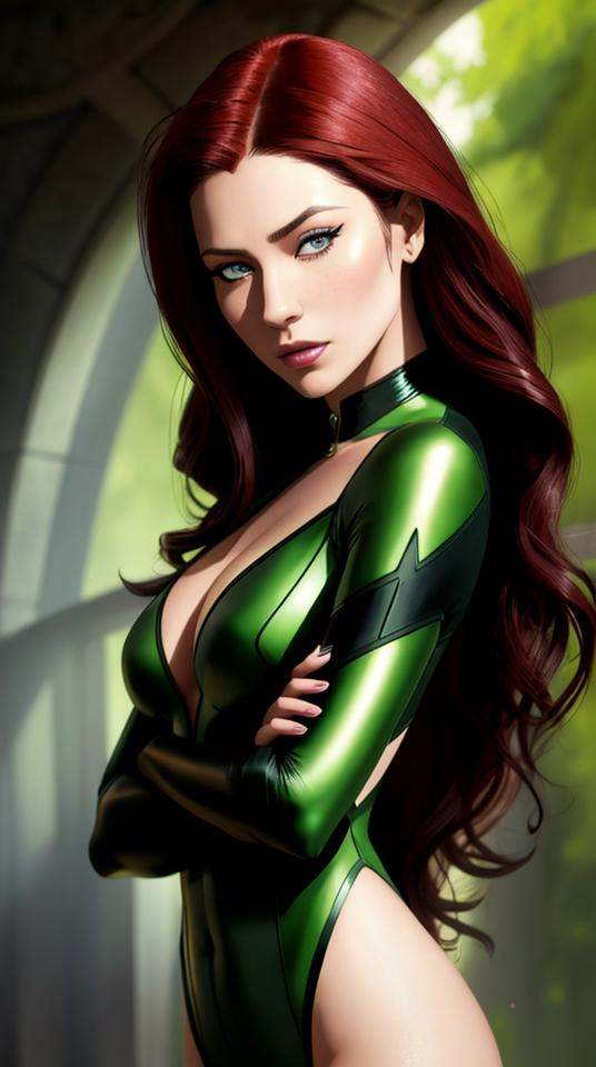 Closeup fullbody portrait of nerdy Poison Ivy,  crimsone long hair,  intricate background on Tensor.Art